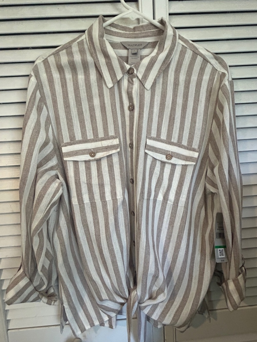 NWT Multiples Essentials Taupe Stripe Tie Front Blouse Size Large